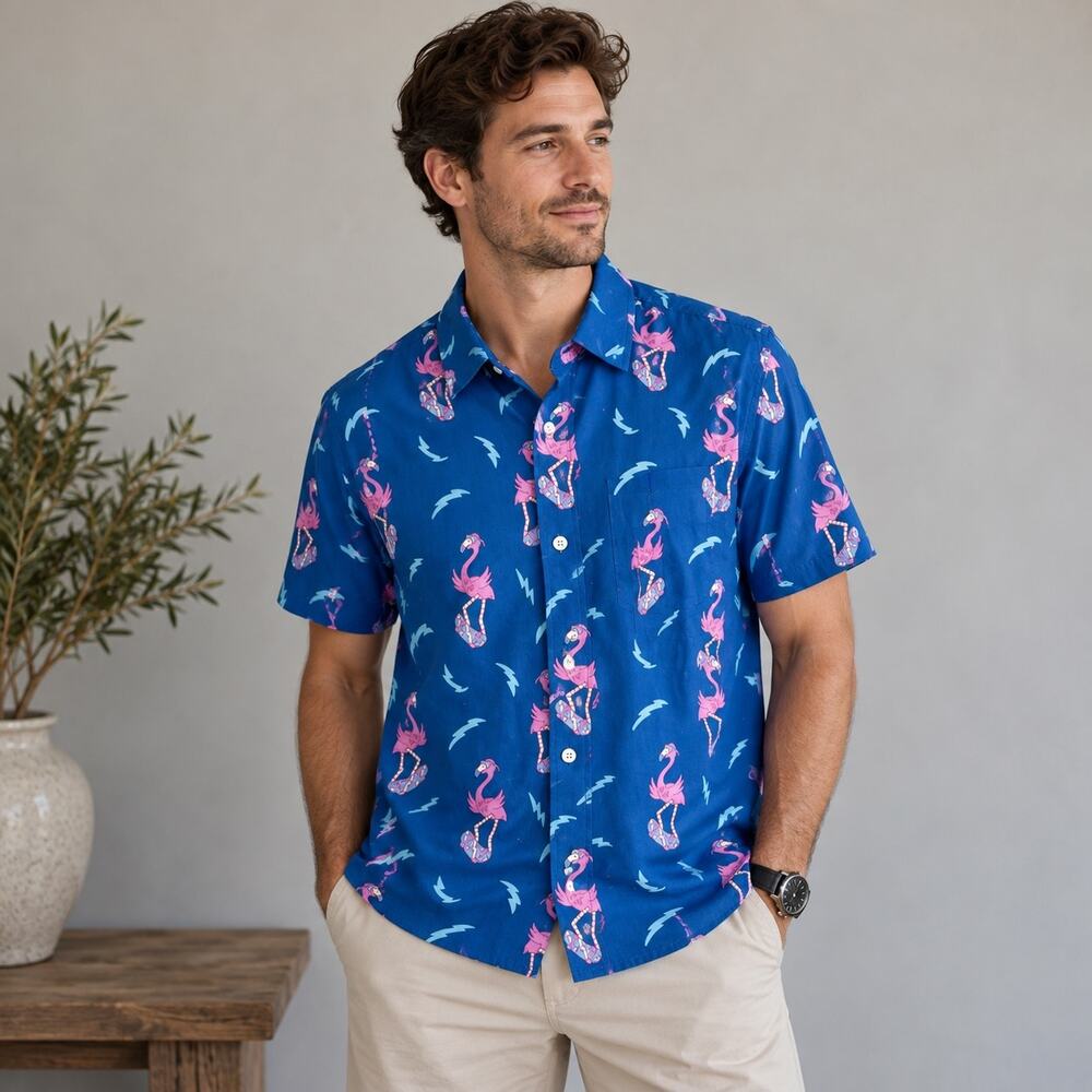 Tipsy Elves Blue Pink Flamingo Print Short Sleeve Button Down Small